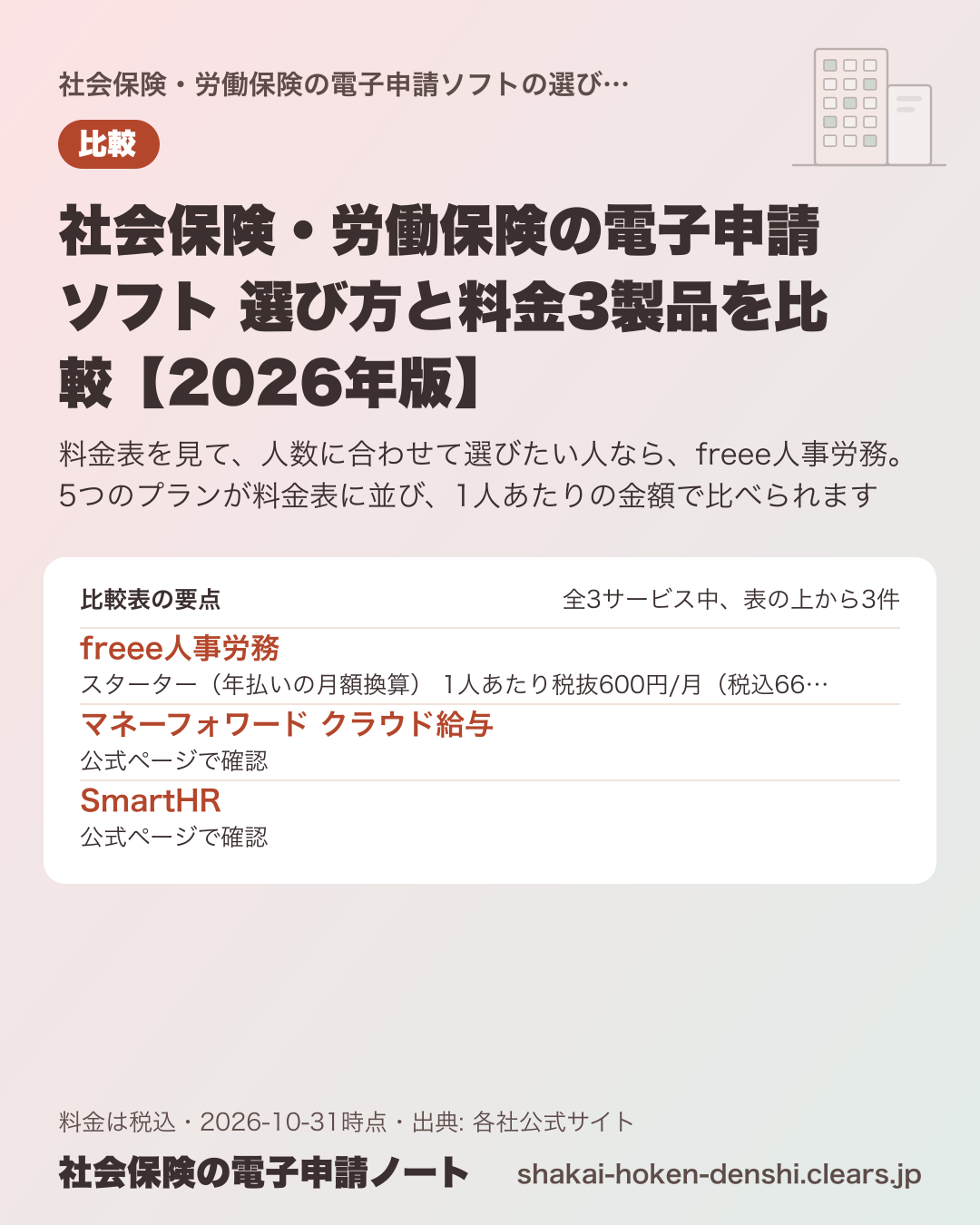 社会保険・労働保険の電子申請ソフト 選び方と料金3製品を比較【2026年版】の比較表の要点